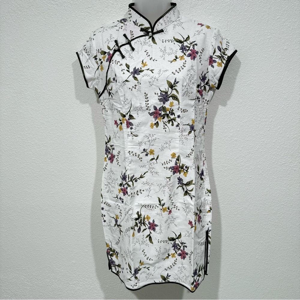 NWT chinese white cheongsam qipao asian oriental floral print traditional dress